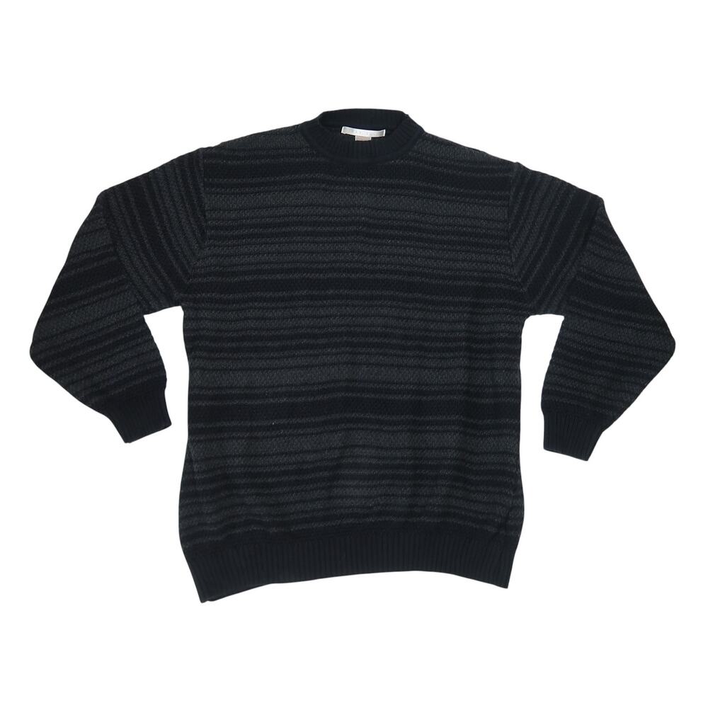Vintage 90s Perry Ellis Black and Grey Stripe Cotton Pullover Sweater Mens L